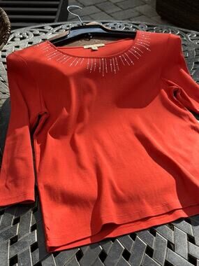 Carolyn Taylor Knit Silver Rhinestone Neckline Top 3 Quarter Sleeve 100 Cotton